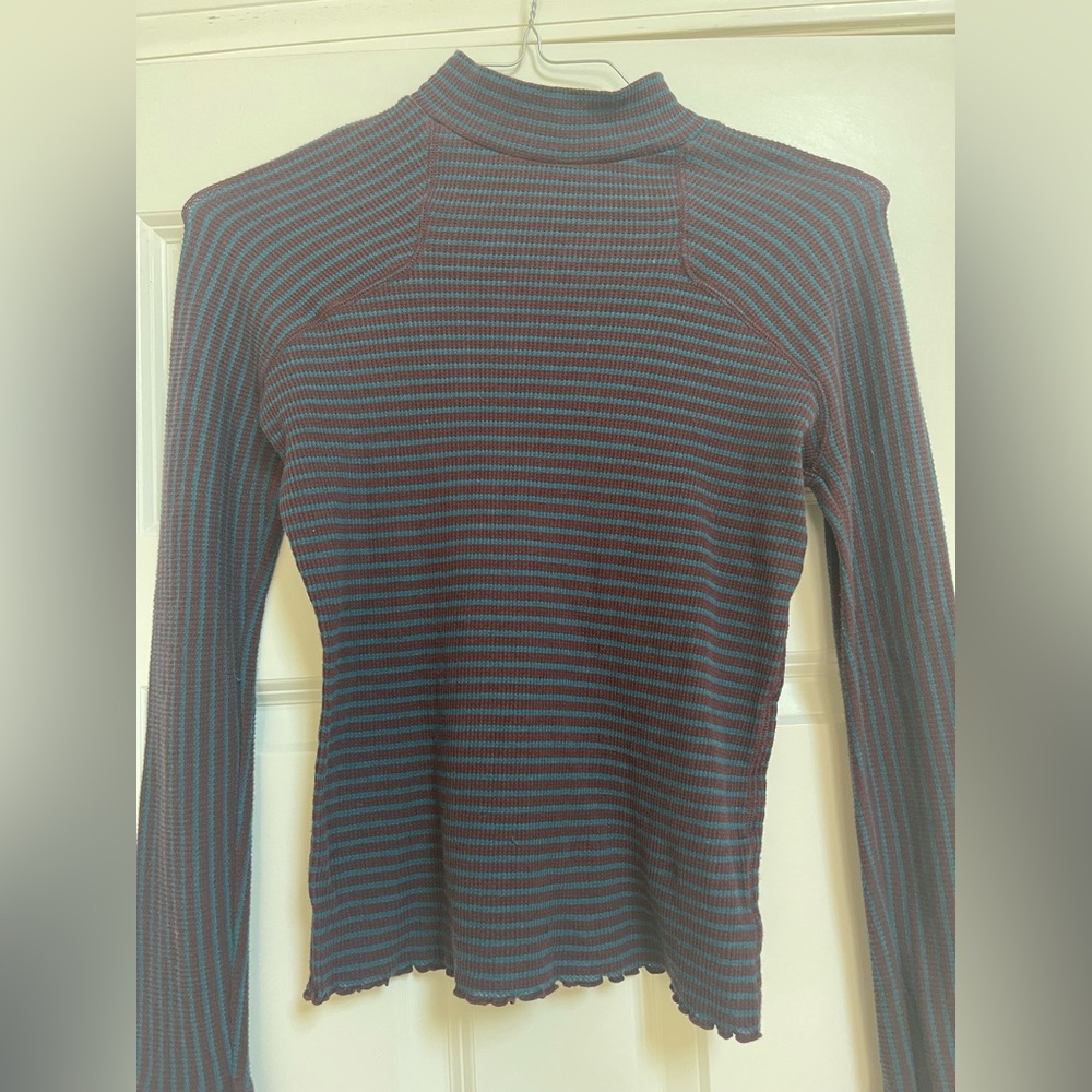 Free People Cowl Neck Sweater - Turquoise and Burgundy Stripes